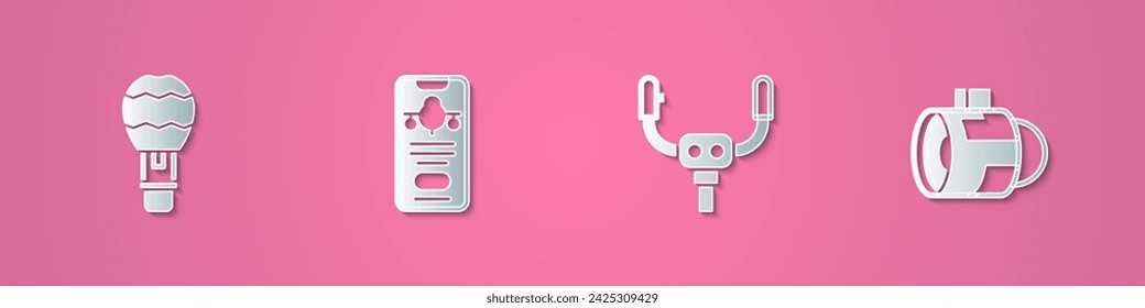 Set paper cut Hot air balloon, Mobile with ticket, Aircraft steering helm and Jet engine turbine icon. Paper art style. Vector
