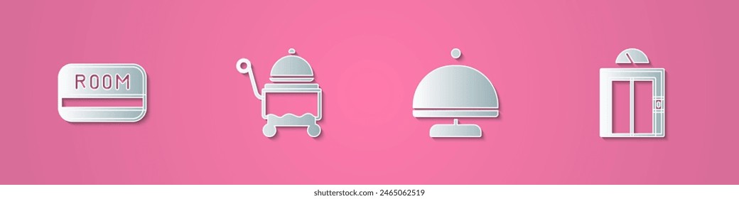 Set paper cut Hotel key card, Covered with tray,  and Lift icon. Paper art style. Vector