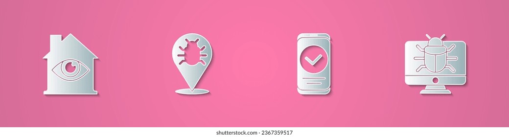 Set paper cut House with eye scan, System bug, Smartphone and monitor icon. Paper art style. Vector