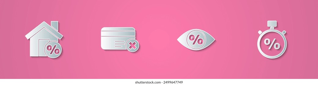 Set paper cut House with percant discount, Credit card remove, Eye percent and Stopwatch and icon. Paper art style. Vector