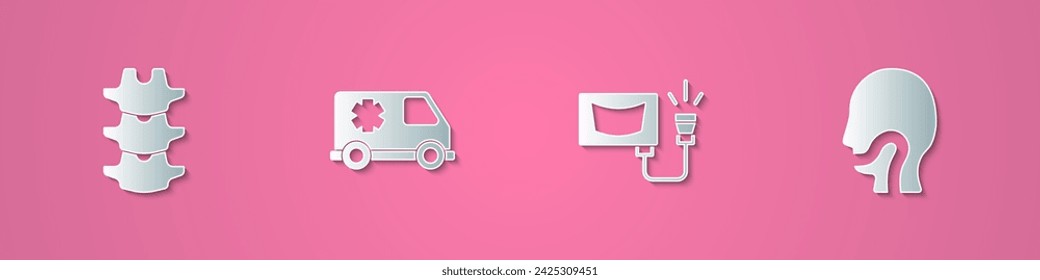 Set paper cut Human spine, Emergency car, Ultrasound and Sore throat icon. Paper art style. Vector