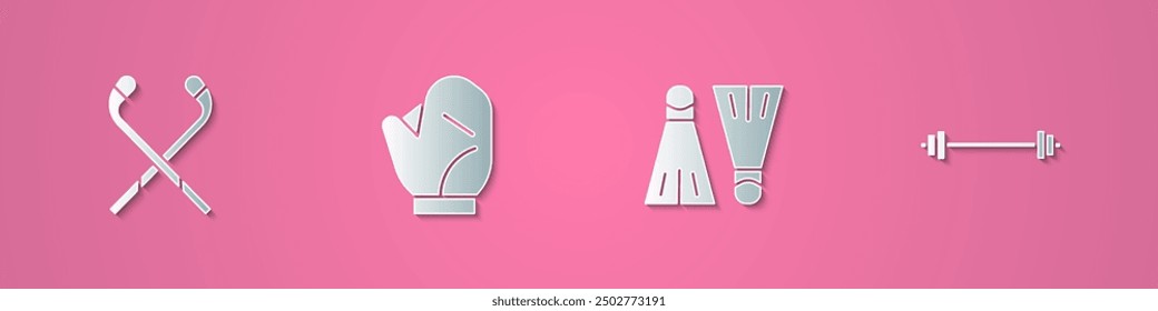 Set paper cut Ice hockey sticks, Baseball glove, Rubber flippers for swimming and Barbell icon. Paper art style. Vector