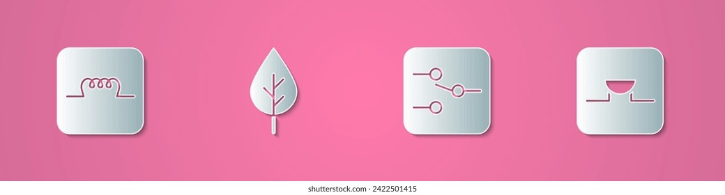 Set paper cut Inductor in electronic circuit, Leaf Eco symbol, Switch and Buzzer icon. Paper art style. Vector