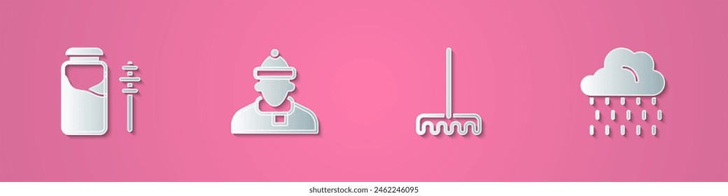 Set paper cut Jar of honey and dipper stick, Autumn clothes, Garden rake and Cloud with rain icon. Paper art style. Vector