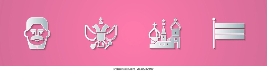 Set paper cut Joseph Stalin, National emblem of Russia, Saint Basil's Cathedral and flag icon. Paper art style. Vector