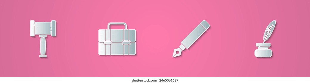 Set paper cut Judge gavel, Briefcase, Fountain pen nib and Feather and inkwell icon. Paper art style. Vector