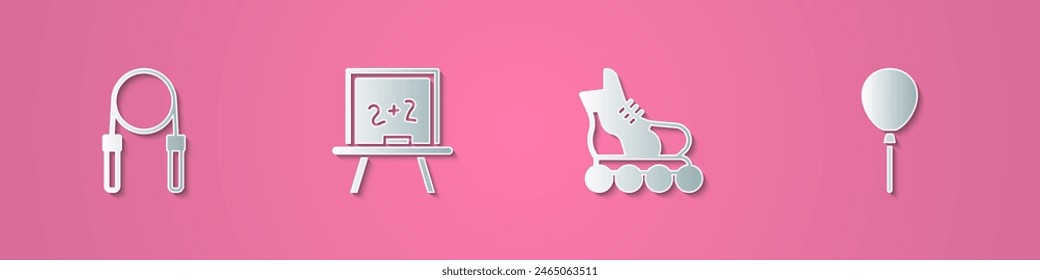 Set paper cut Jump rope, Chalkboard, Roller skate and Balloons with ribbon icon. Paper art style. Vector