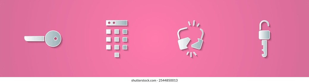 Set paper cut Key, Password protection, Broken cracked lock and Unlocked key icon. Paper art style. Vector