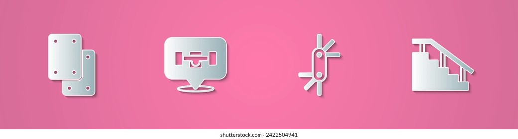 Set paper cut Knee pads, Skateboard wheel, Tool allen keys and stairs with rail icon. Paper art style. Vector