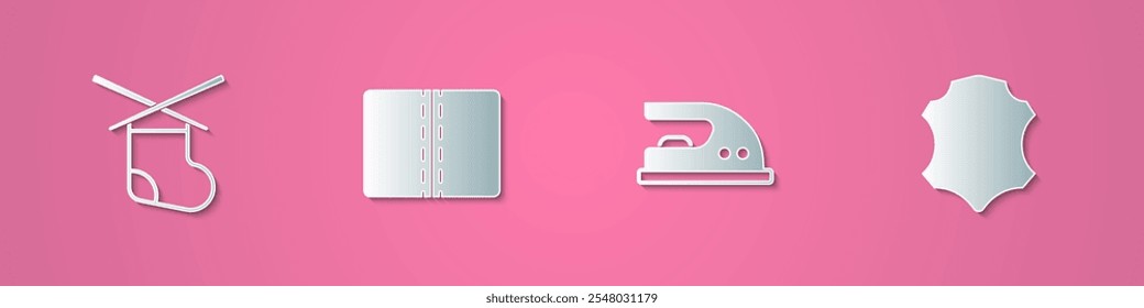 Set paper cut Knitting needles, Textile fabric roll, Electric iron and Leather icon. Paper art style. Vector