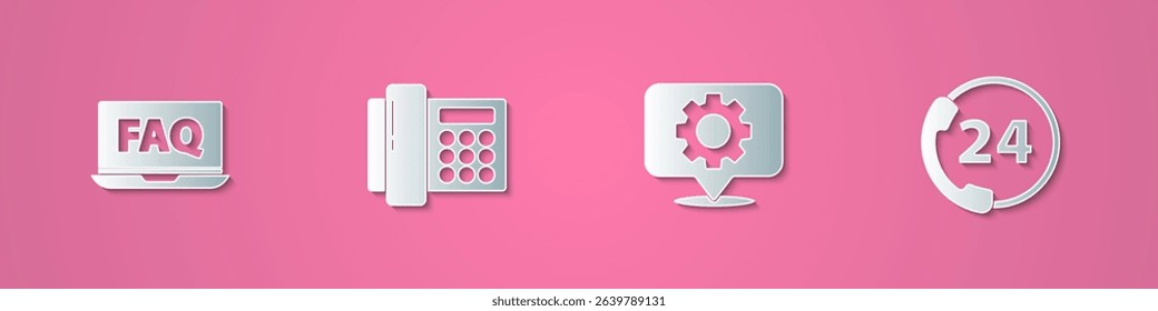 Set paper cut Laptop and FAQ, Telephone, Location with gear and 24 hours support icon. Paper art style. Vector
