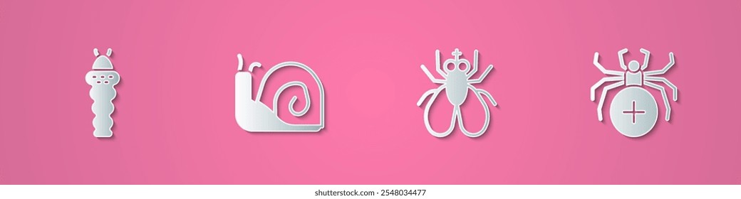 Set paper cut Larva insect, Snail, Insect fly and Spider icon. Paper art style. Vector