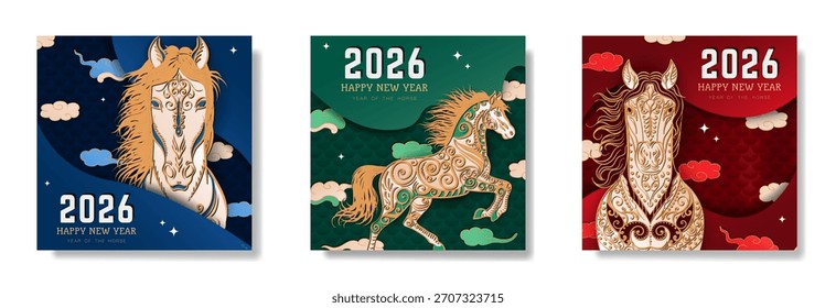 Conjunto de tarjetas de felicitación en capas cortadas en papel con el caballo adornado dibujado a mano (equino) y texto con nubes orientales y estrellas. Carteles rojos, verdes, azules, Anuncios de Web en estilo asiático para el año Nuevo lunar 2026