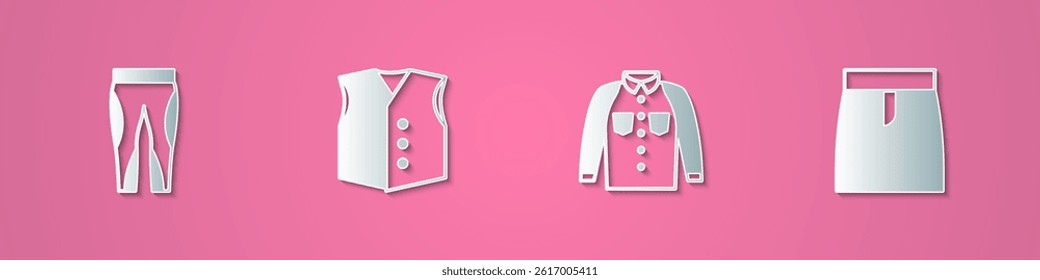 Set paper cut Leggings, Waistcoat, Shirt and Skirt icon. Paper art style. Vector