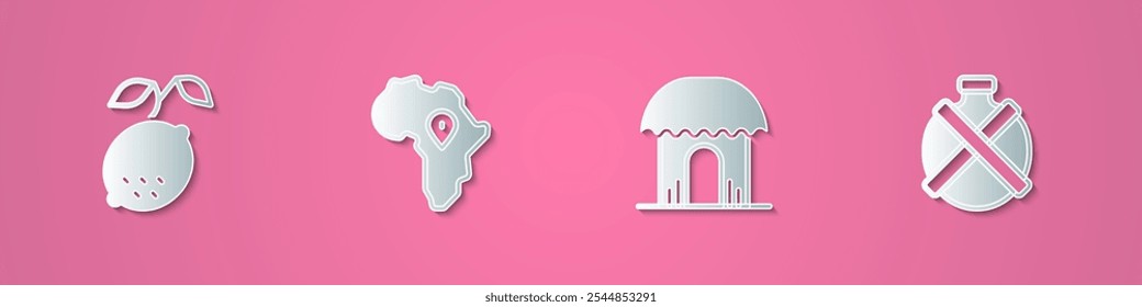 Set paper cut Lemon, Map of Africa, African hut and Canteen water bottle icon. Paper art style. Vector