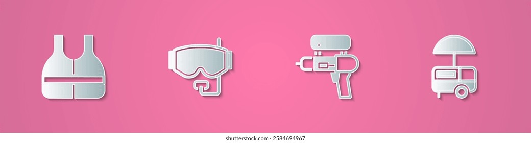 Set paper cut Life jacket, Diving mask, Water gun and Fast street food cart icon. Paper art style. Vector