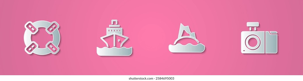 Set paper cut Lifebuoy, Cruise ship, Tropical island in ocean and Photo camera icon. Paper art style. Vector