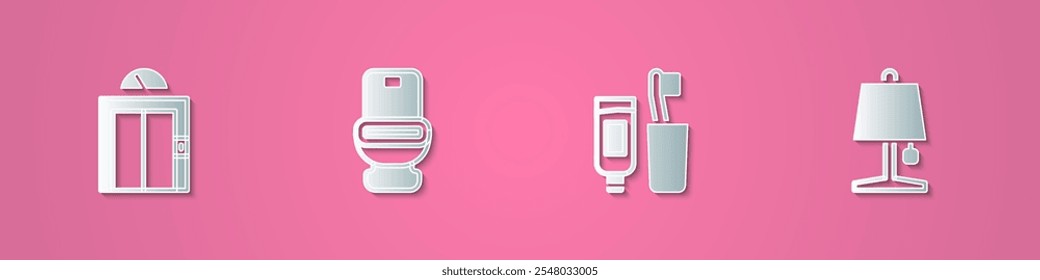 Set paper cut Lift, Toilet bowl, Toothbrush and toothpaste and Table lamp icon. Paper art style. Vector