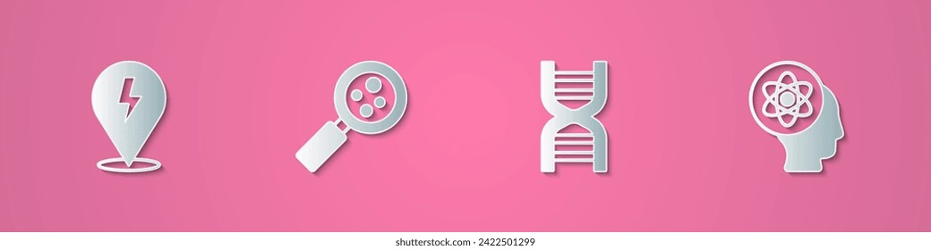 Ajuste el rayo de papel, Microorganismos bajo el lupa, símbolo de ADN e icono Átomo. Estilo de arte de papel. Vector