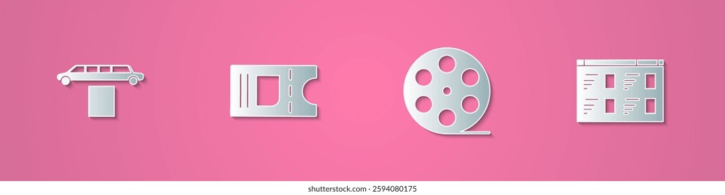 Set paper cut Limousine car and carpet, Cinema ticket, Film reel and Online play video icon. Paper art style. Vector