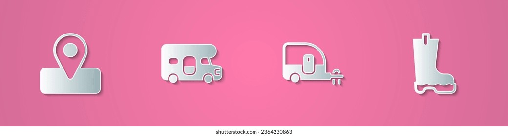 Set paper cut Location for camping, RV motorhome vehicle, Rv Camping trailer and Waterproof rubber boot icon. Paper art style. Vector