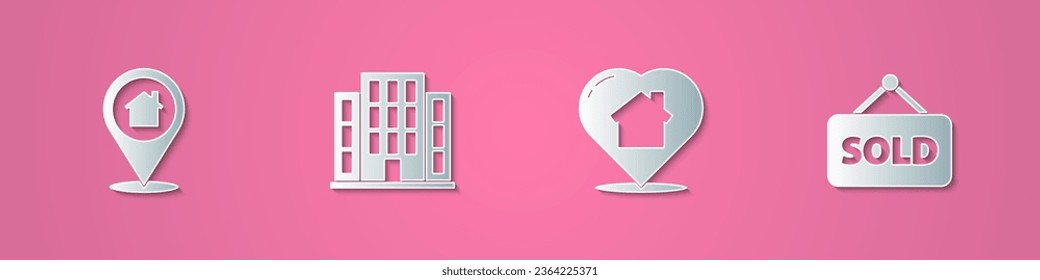 Set paper cut Location with house, House, heart shape and Hanging sign text Sold icon. Paper art style. Vector