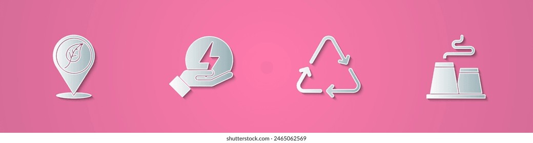 Set paper cut Location with leaf, Lightning bolt, Recycle symbol and Factory icon. Paper art style. Vector