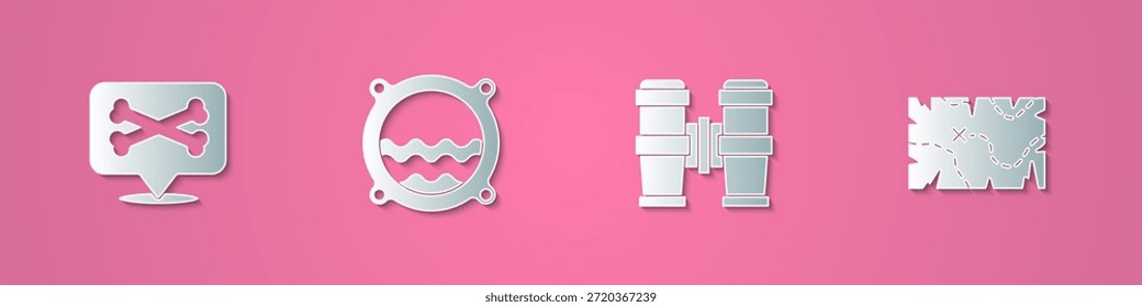 Conjunto de papel cortado pirata de Locación, ojo de buey de barco con paisaje marino, binoculares e icono de mapa del tesoro pirata. Estilo de arte de papel. Vector