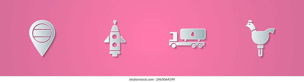 Set paper cut Location Russia, Rocket ship, Tanker truck and Cockerel lollipop icon. Paper art style. Vector