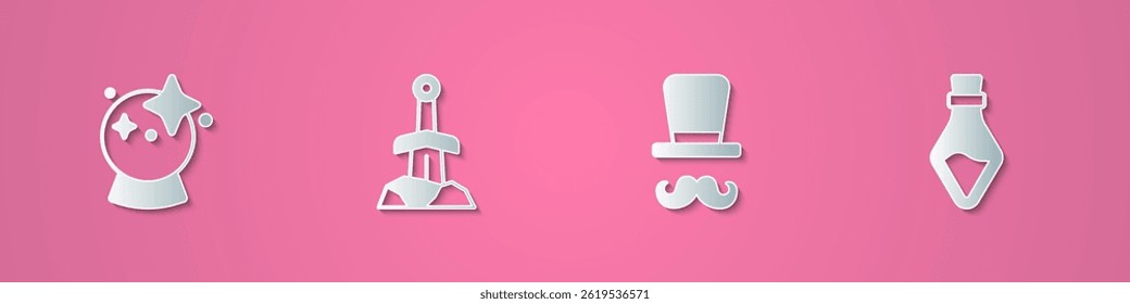 Set paper cut Magic ball, Sword in the stone, Magician and Bottle with potion icon. Paper art style. Vector