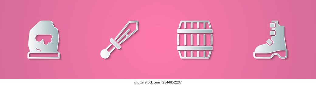 Set runa mágica de corte de papel, espada medieval, barril de madera y antiguo icono de botas vikingas. Estilo de arte de papel. Vector
