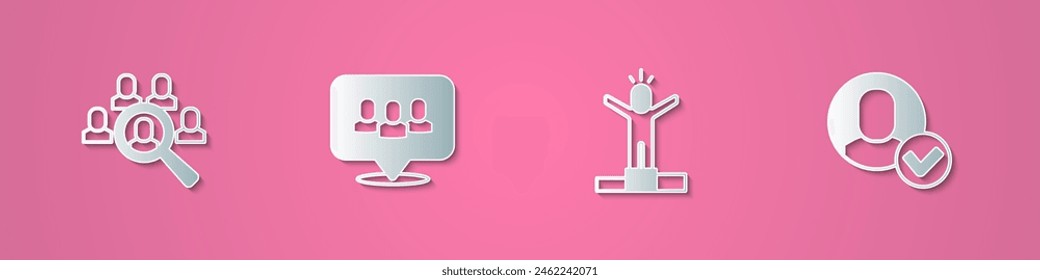 Set paper cut Magnifying glass for search job, Project team base, Productive human and Worker icon. Paper art style. Vector