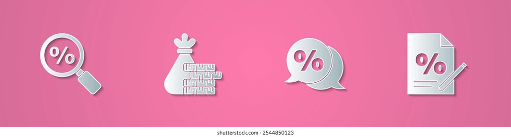 Set paper cut Magnifying glass with percent, Money bag and coin, Discount tag and Finance document icon. Paper art style. Vector