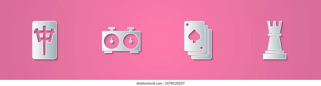 Set paper cut Mahjong pieces, Time chess clock, Playing cards and Chess icon. Paper art style. Vector