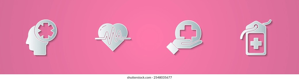 Set paper cut Male head with hospital, Heart rate, Cross medical and tag icon. Paper art style. Vector