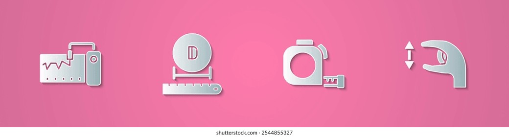 Definir o corte de papel Instrumento de medição, Diâmetro, construção de roleta e ícone de medidas aproximadas. Estilo da arte do papel. Vetor