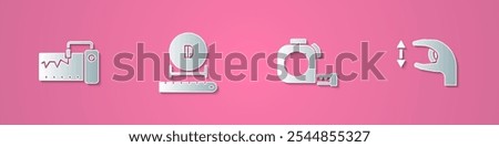 Set paper cut Measuring instrument, Diameter, Roulette construction and Approximate measurements icon. Paper art style. Vector
