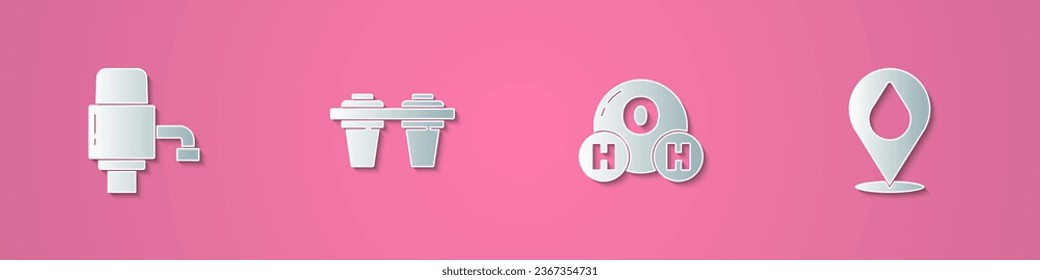 Cortar papel Bomba mecánica para agua, filtro de agua, fórmula química H2O y soltar con icono de ubicación. Estilo de arte de papel. Vector