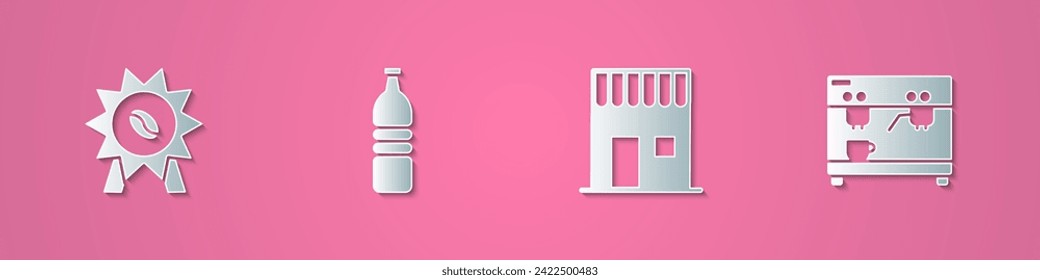 Set paper cut Medal for coffee, Bottle water, Coffee shop and machine icon. Paper art style. Vector