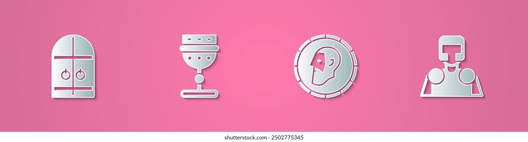 Set paper cut Medieval castle gate, goblet, Ancient coin and knight icon. Paper art style. Vector