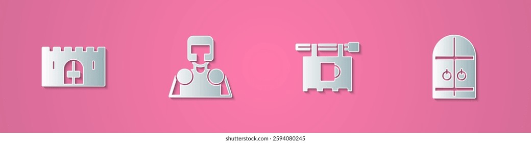 Set paper cut Medieval castle gate, knight, Street signboard with Bar and  icon. Paper art style. Vector