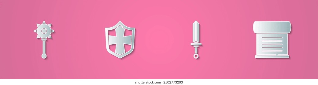 Set papel cortado Medieval encadenado bola de maza, escudo, espada y decreto, pergamino, icono de desplazamiento. Estilo de arte de papel. Vector