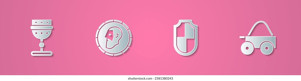 Set paper cut Medieval goblet, Ancient coin, Shield and Wooden four-wheel cart icon. Paper art style. Vector