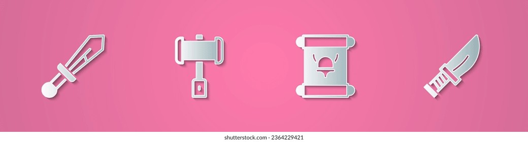 Fijar papel cortado espada medieval, martillo de batalla, decreto, pergamino, pergamino, pergamino e ícono Dagger. Estilo de arte de papel. Vector