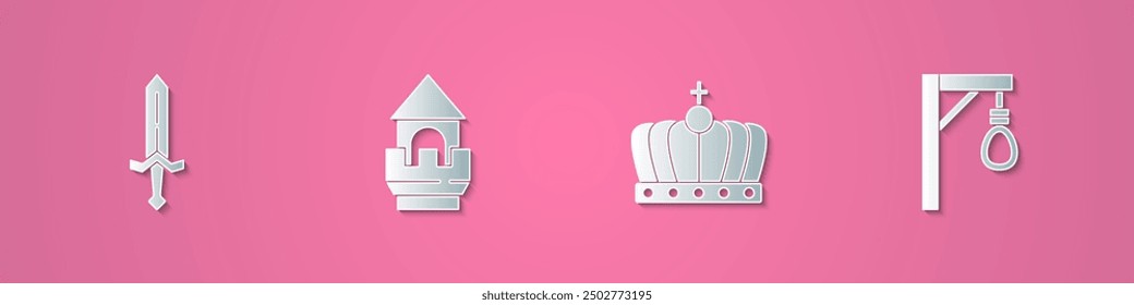 Set paper cut Medieval sword, Castle tower, King crown and Gallows icon. Paper art style. Vector