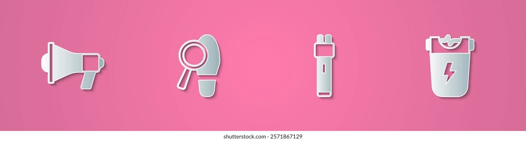 Set paper cut Megaphone, Footsteps, Police electric shocker and  icon. Paper art style. Vector