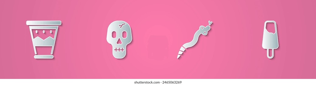 Set paper cut Mexican drum, Skull, Snake and Popsicle ice cream icon. Paper art style. Vector