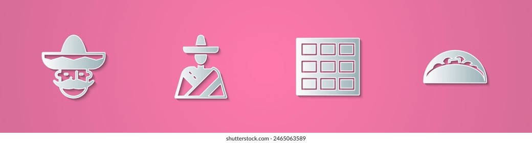 Set paper cut Mexican man sombrero, , Chocolate bar and Taco with tortilla icon. Paper art style. Vector