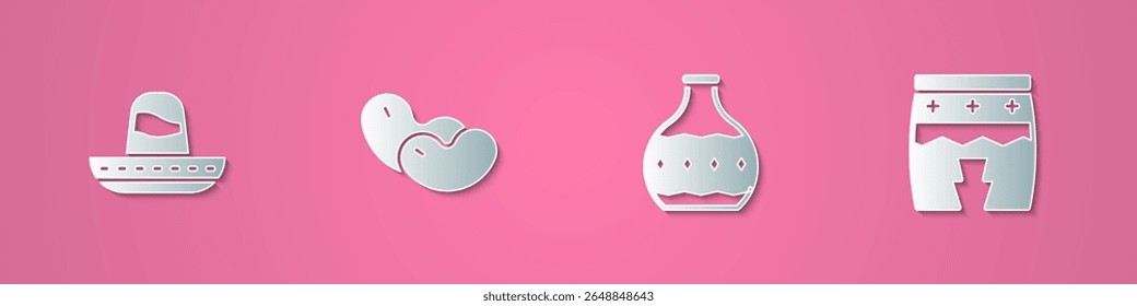 Set paper cut Mexican sombrero, Beans, Tequila bottle and Huehuetl icon. Paper art style. Vector