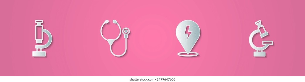 Set paper cut Microscope, Stethoscope, Lightning bolt and  icon. Paper art style. Vector